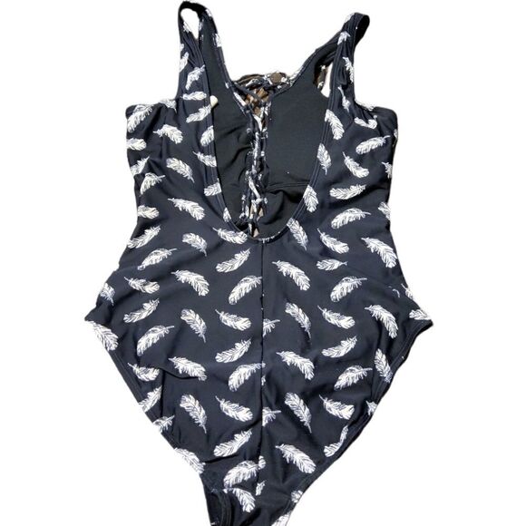 GIANNI Bini One Piece Black Feather Swimsuit Swim Large - Picture 2 of 6